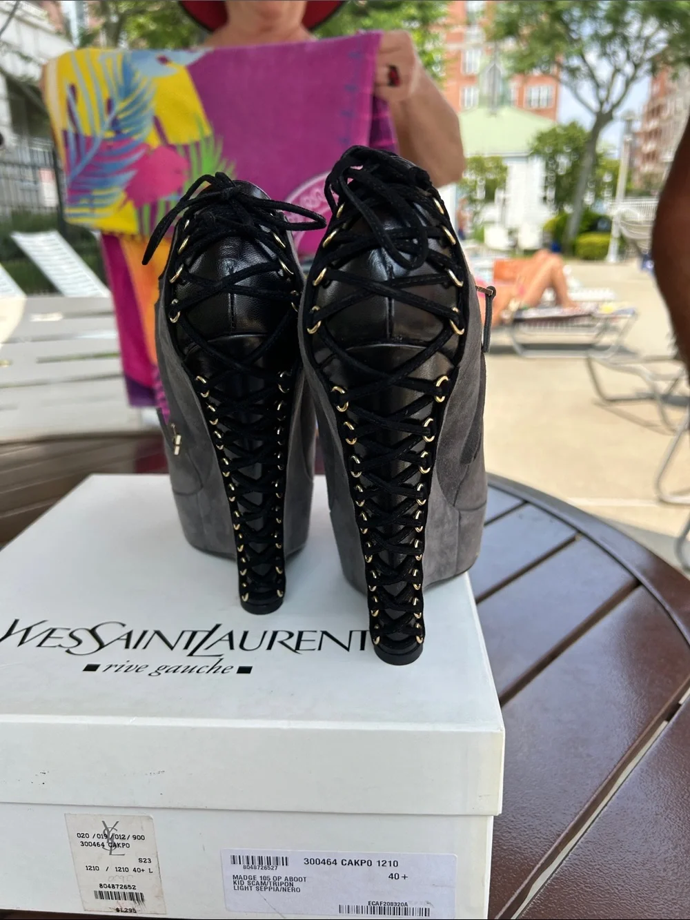 Yves Saint Laurent Gray Suede Wedge Peep-Toe Booties with Chain Heel